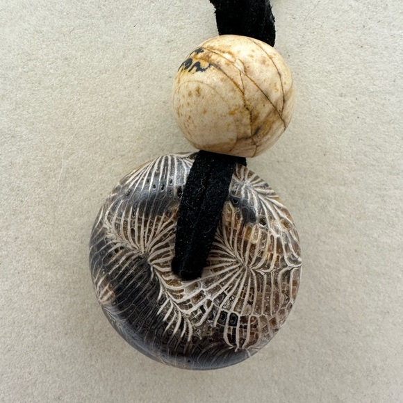 Coral Fossil Donut Pendant Necklace on Black Faux Leather Double Rope - Picture 6 of 14